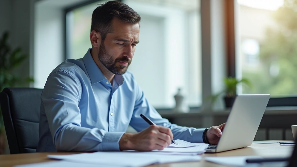 Zakenman aan bureau met rapport en laptop, concentratie op documenten, kantoor met natuurlijk licht, scherpe focus