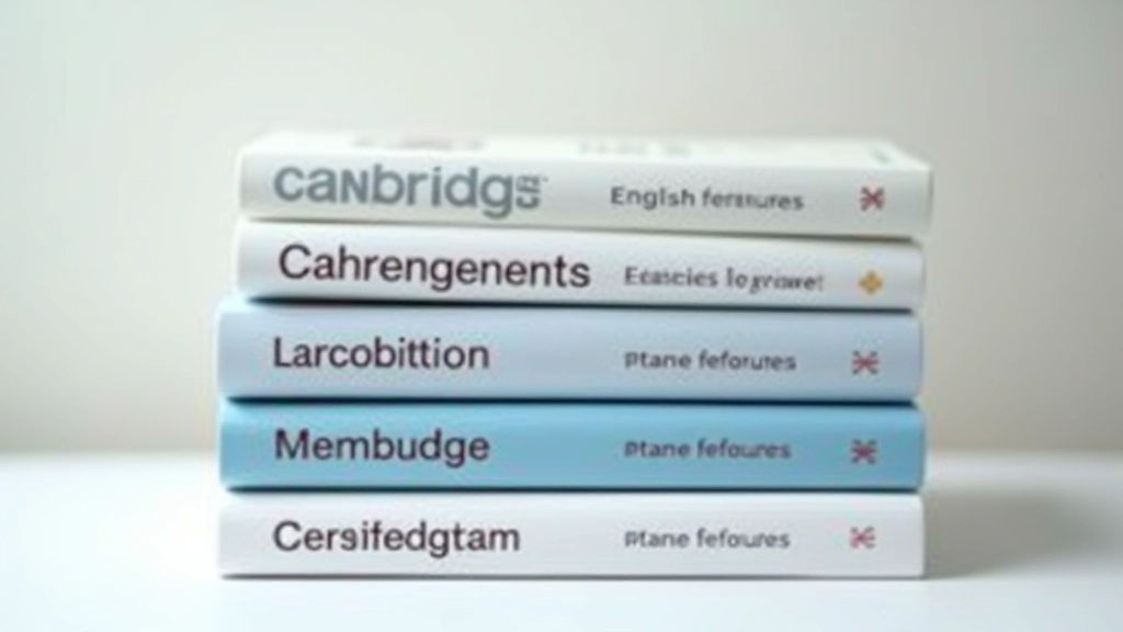 Drie niveau-badges voor Cambridge certificaten op gestapelde boeken, professionele grafische weergave, schone achtergrond, gestructureerde layout, scherpgesteld