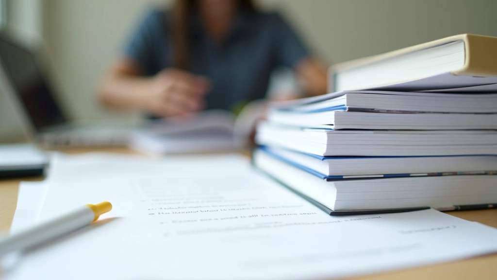 Stapel officiële examenvoorbeidingsmaterialen, Cambridge Study Guides, kleurrijke handboeken, pen op bureau, organiseerde werkplek, heldere verlichting, scherpgesteld