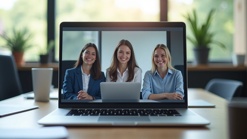 Close-up van laptop scherm met drie videoconferentie deelnemers, heldere belichting, schoon kantooromgeving