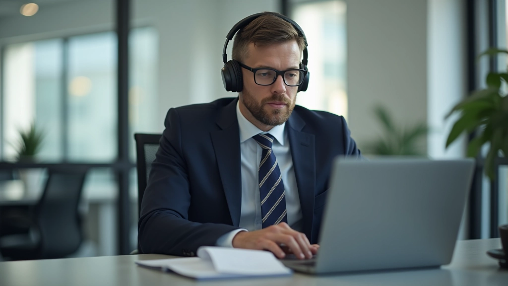 Man in formeel pak tijdens videogesprek, koptelefoon op, laptop scherm zichtbaar, kantoor achtergrond, heldere belichting