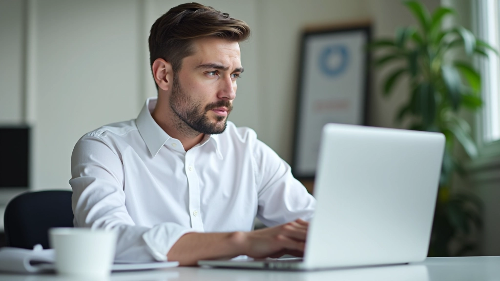 Man in overhemd zittend aan bureau, concentrerend op laptop scherm, werkende aan e-mail, natuurlijk daglicht, portret van boven af