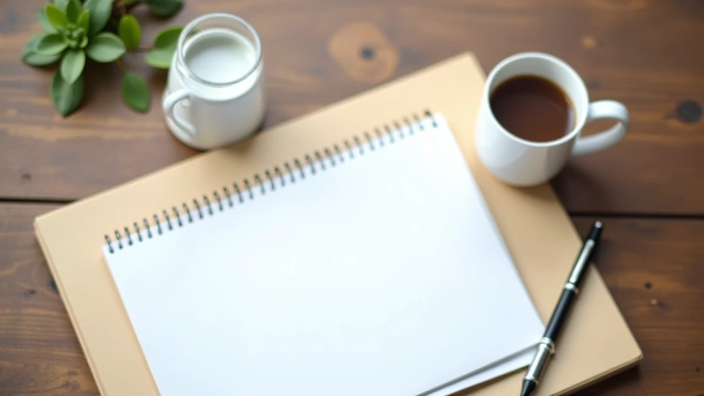 Notitieblok met handgeschreven e-mailnotities, pen en koffiekopje op houten bureau, natuurlijk licht, overhead perspectief, scherpe details