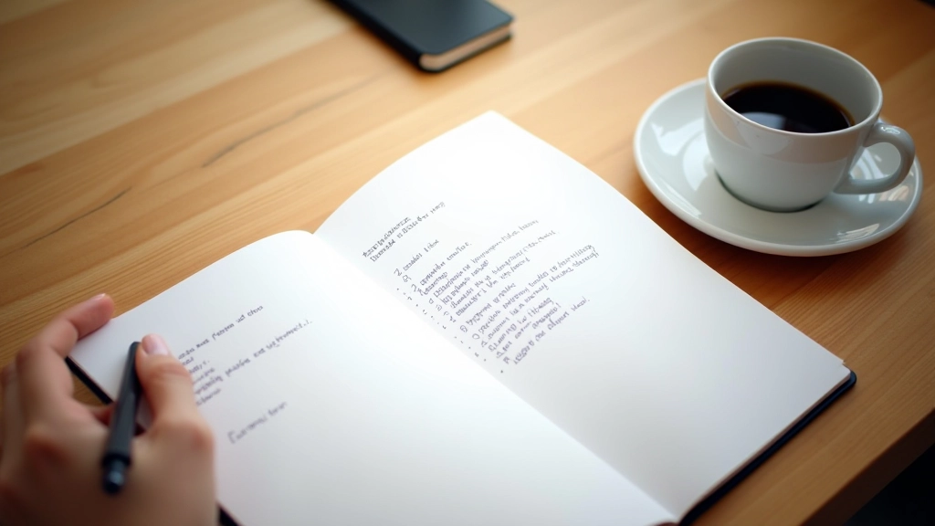 Notitieblok met aantekeningen en bullet points, pen, koffiekopje, werkbureaublad, voorbereiding voor videogesprek