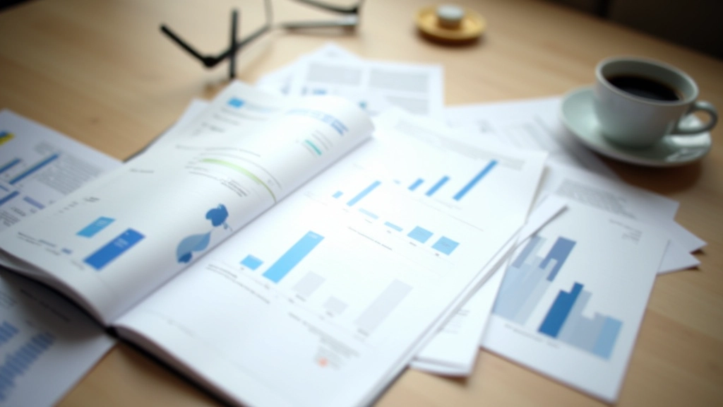 Open geopende rapportpagina's op houten tafel met kopje koffie, pen, grafieken zichtbaar, zacht daglicht