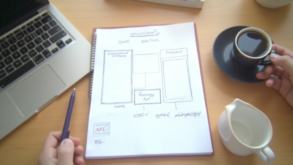 Notebook met outline structuur, pen wijzend naar gestructureerde punten, bureau met koffie, warm licht, overhead view