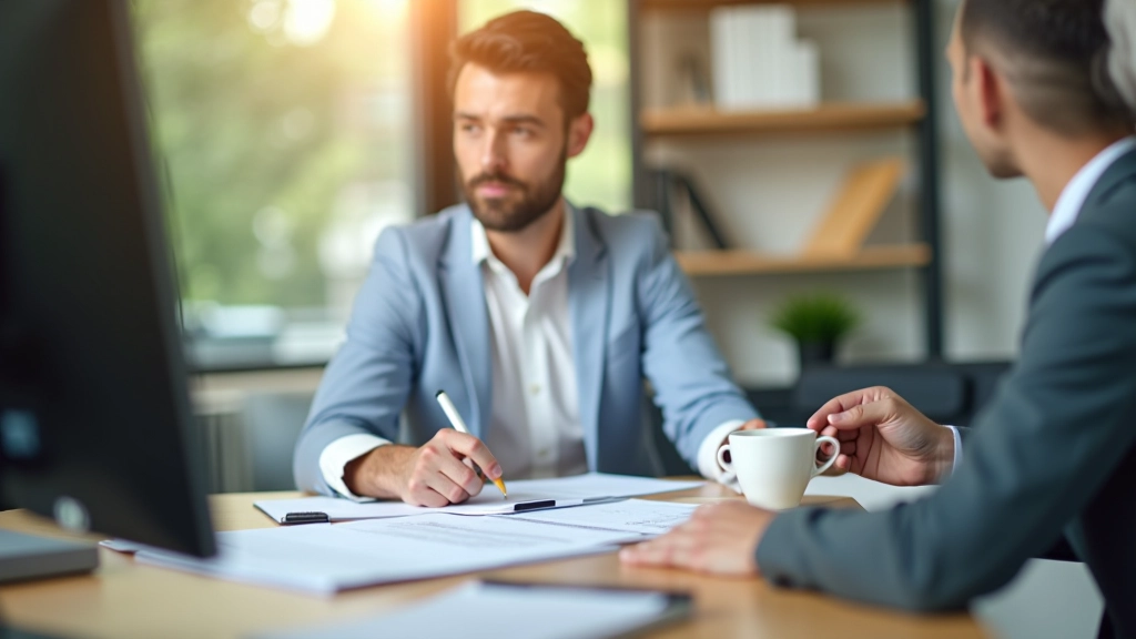 Persoon die zakelijke documenten bestudeert aan houten tafel, notities maken met pen, koffie in kantoorsetting, ochtenddaglicht, geconcentreerde sfeer, scherpgesteld