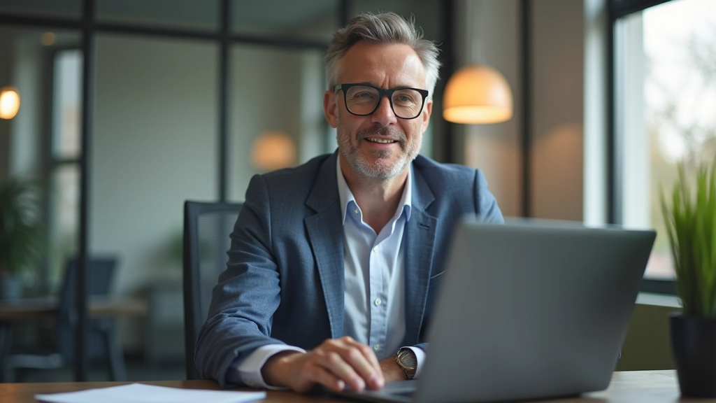 Twee personen in videogesprek, scherm toont gezicht van spreker, modern kantoor op achtergrond, laptop op bureau, professionele sfeer, daglicht, scherpgesteld