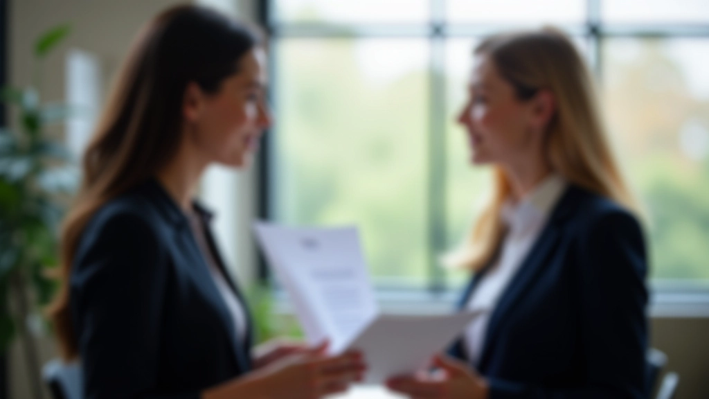 Professional kantoor met houten bureau, twee personen in gesprek, één in donkerblauwe blazer met Cambridge certificaat zichtbaar, helder daglicht, scherpgesteld