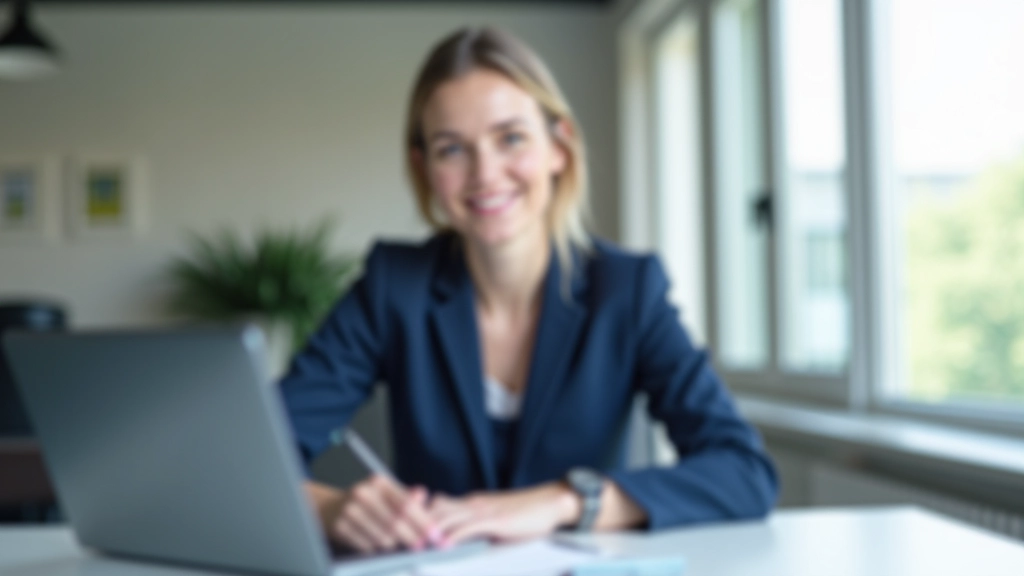 Professional woman in blazer aan kantoor bureau met laptop, notitieblok en pen, schoon bureauoppervlak, natuurlijk licht