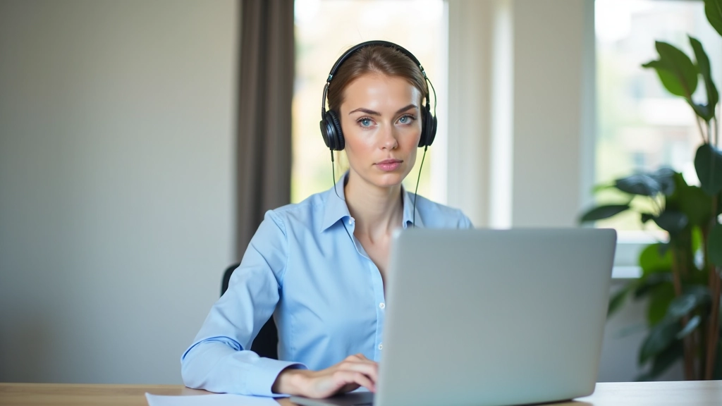 Professionele vrouw in videoconferentie, koptelefoon op, concentratie op gezicht, thuiskantoor met groene plant achtergrond