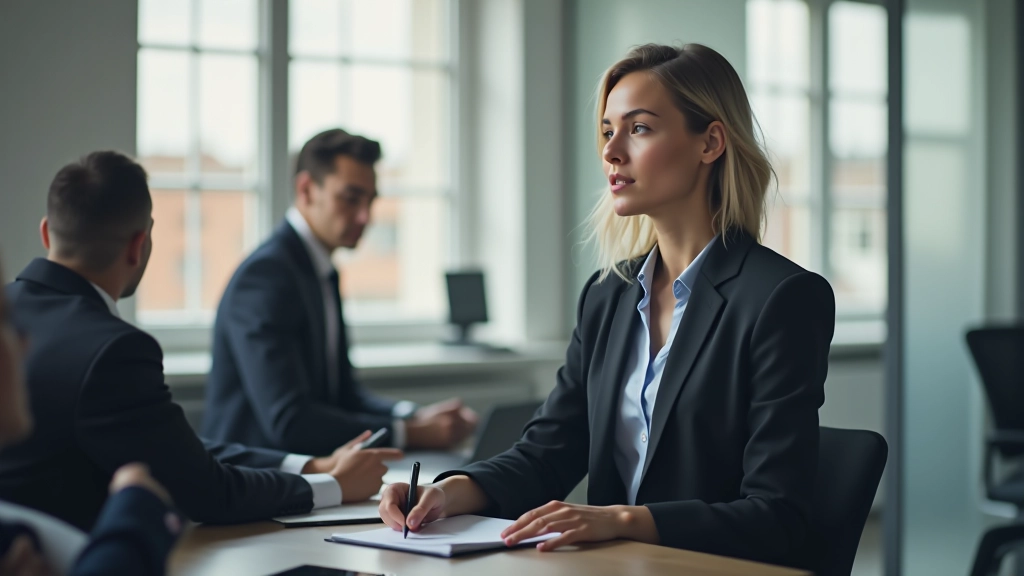 Professionele vrouw in vergadering, luisterend en notities makend, kantoor met ramen op achtergrond, portret vanuit zijkant