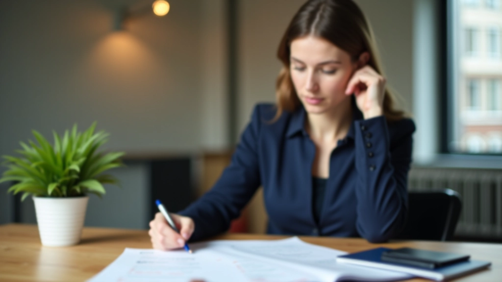 Vrouw aan tafel met rapport, potlood boven aantekeningen, concentratie op schrijven, kantoor interieur, warm licht, scherp focus