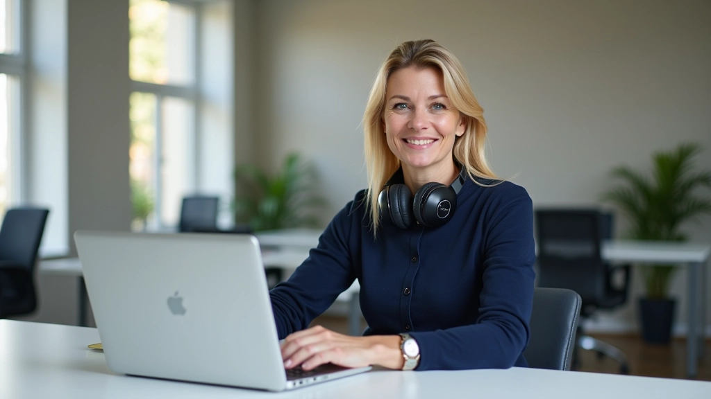 Vrouw aan bureau met laptop, goed verlichte werkplek, koptelefoon, professionele houding, oogcontact met camera